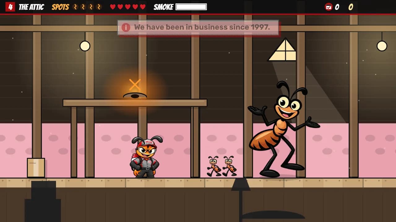 The attic: the big orange ant and his crowd under the rafters.