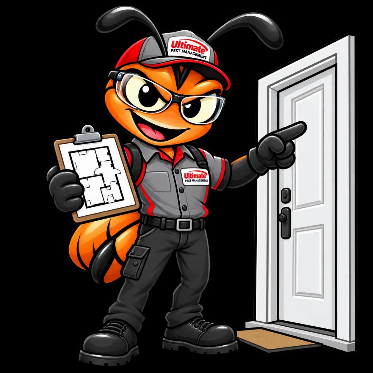 Our ant technician mascot holding a home plan beside a doorway