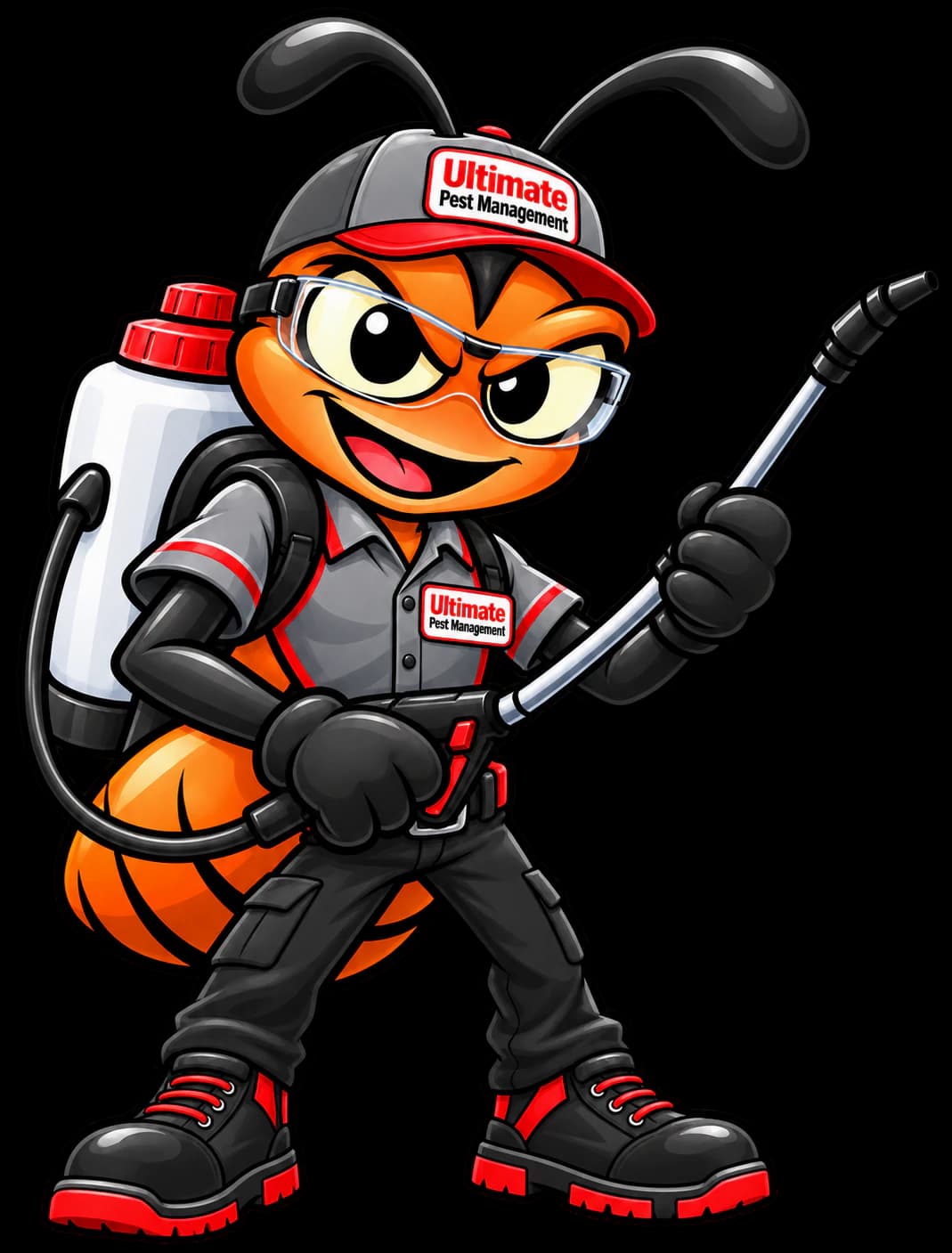 Our technician ant in his Ultimate Pest Management cap and uniform, holding his backpack sprayer wand