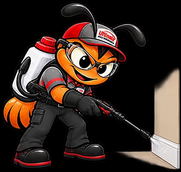 The technician ant aiming a pinpoint wand into the joint where the baseboard meets the wall corner.