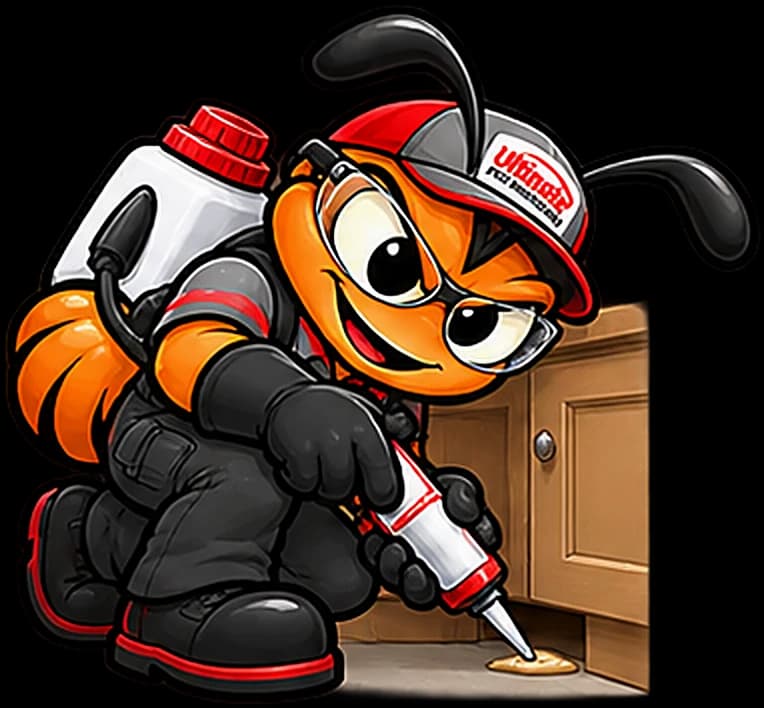 The technician ant kneeling at a kitchen base cabinet, placing gel bait in the gap under the cabinet edge.