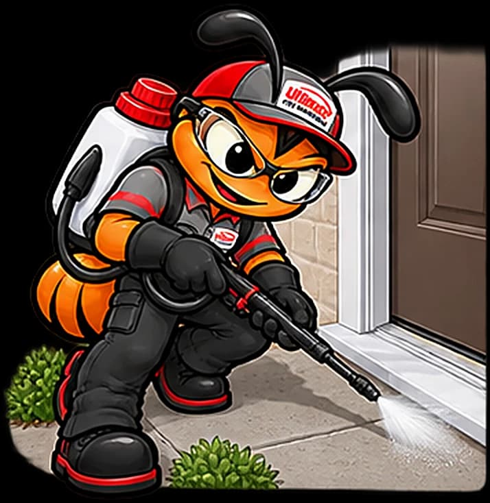 The technician ant treating the threshold at the bottom of an outside door.