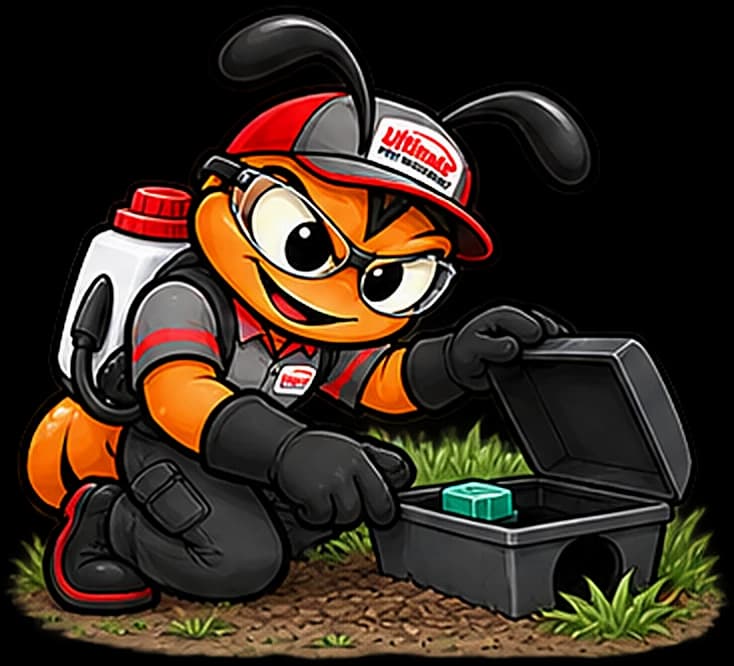 The technician ant kneeling in a mulch bed beside an opened, locked bait station.