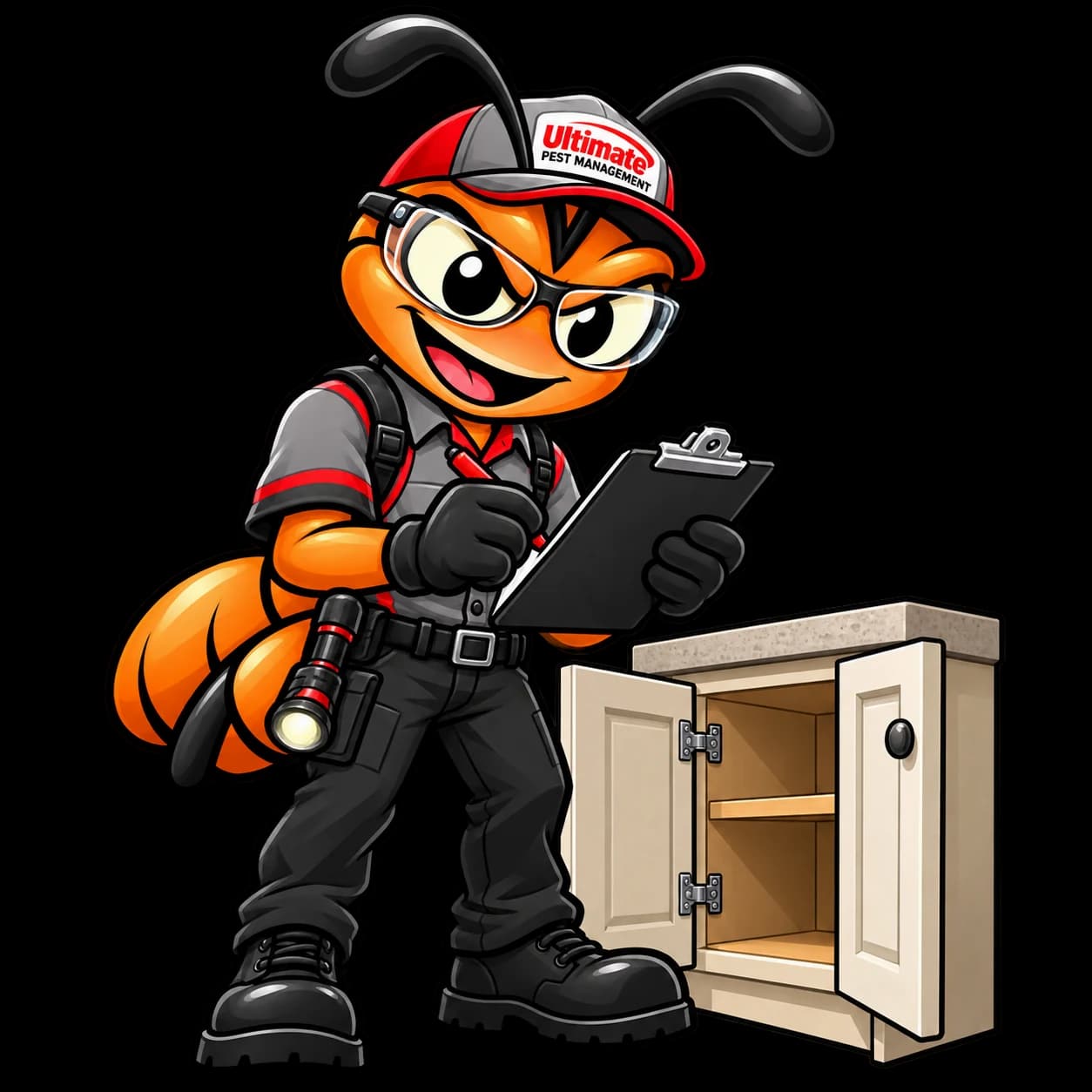 Our ant technician mascot making inspection notes beside an open kitchen cabinet