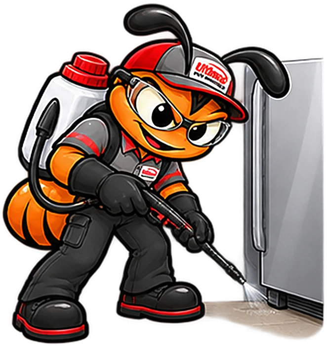 The technician ant aiming a pinpoint wand into the gap at the base of a refrigerator.