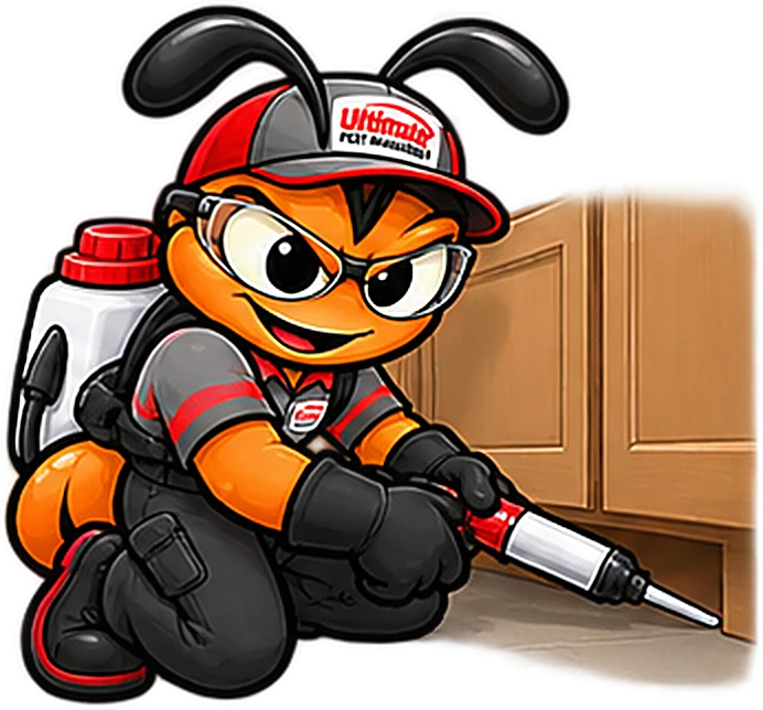 The technician ant kneeling with a long-tip applicator, reaching into the seam where a cabinet meets the floor.