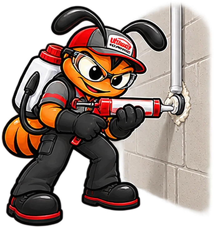 The technician ant sealing the gap around a pipe where it enters a block wall outside.