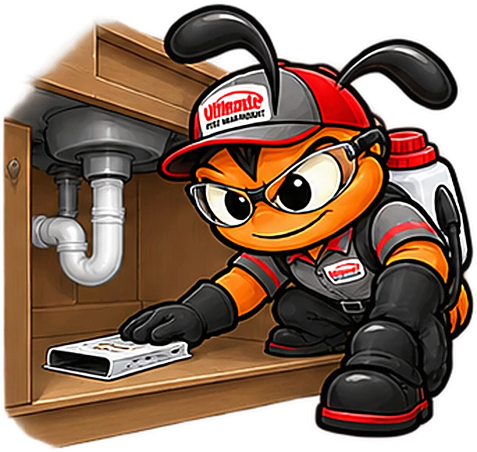 The technician ant sliding a flat monitor card under a kitchen sink, beside the drain pipe.