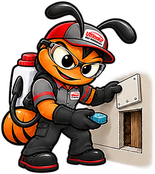 The technician ant holding a bait block at an open wall access panel, ready to place it inside the wall.